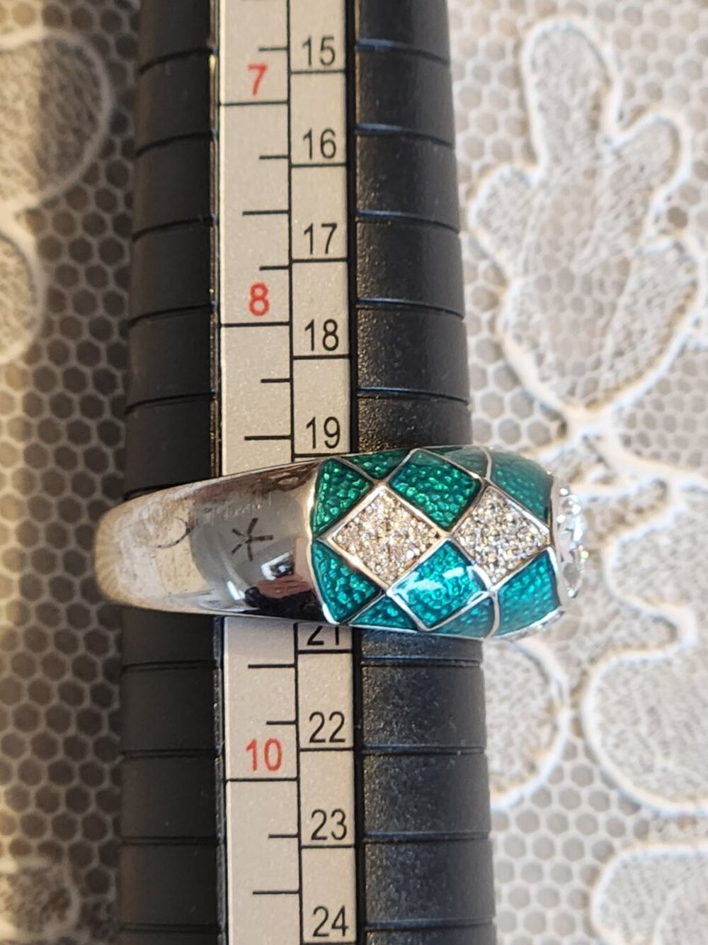 Hidalgo Diamonique Oval Cut CZ Green Enamel Ring 925 Size 9 - geometric pattern! - Picture 12 of 14